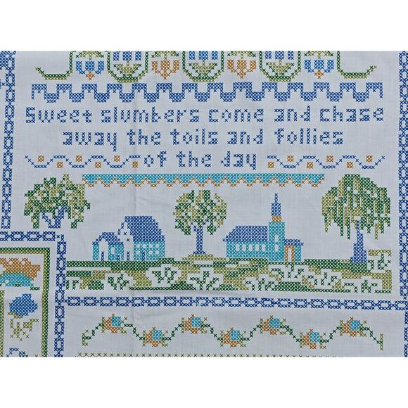 2.75 YDS Vintage 1970's FAUX CROSS-STITCH FABRIC "Home Sweet Home" Cotton Blend - Picture 3 of 10